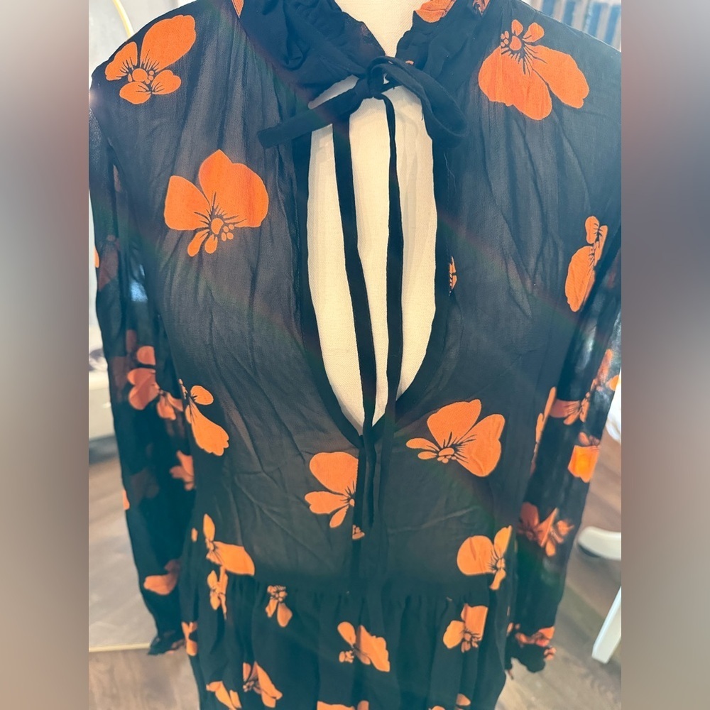 Ganni Black Sheer Dress with Orange Floral Design Lined on Bottom - Picture 5 of 15